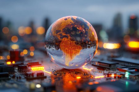 A luminous digital sphere showcases interconnected pathways, mirrored on a circuit board's surface...