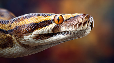 A detailed view reveals textured scales and a formidable gaze, with a striking amber eye that exudes...