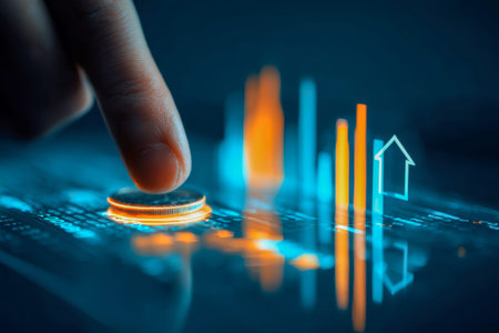A detailed close-up captures a human finger engaging with a sleek, high-tech financial display...