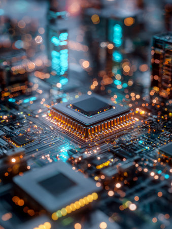 A high-tech microprocessor glows amid vibrant circuitry, set against a shimmering urban skyline...