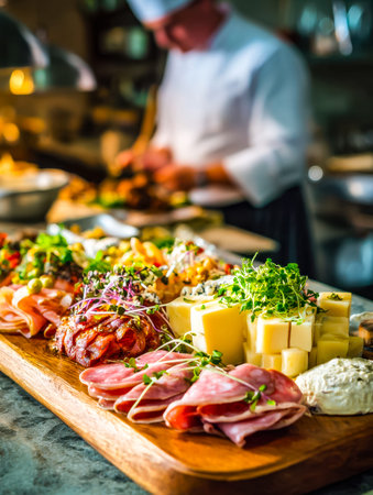 An artfully arranged platter featuring a variety of cured meats, creamy cheeses, and vibrant herbs,...