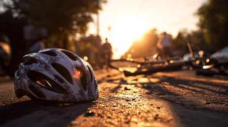 A worn helmet rests on the pavement as fading sunlight casts an orange glow over a quiet urban...