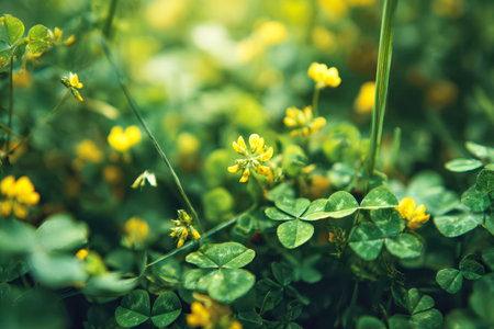 Bright sunlight bathes a vibrant patch of ground cover, where tender green leaves intertwine with...