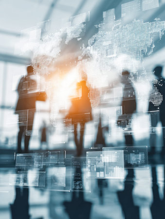 A diverse group of executives collaborated around a sleek conference table, illuminated by advanced...