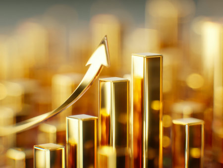 A gleaming gold-colored graph with ascending bars and a prominent upward arrow, exuding prosperity...