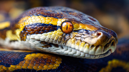A vibrant serpent's face reveals an elaborate mosaic of scales in various hues, with penetrating...
