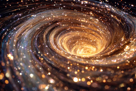 A luminous spiral creates a mesmerizing swirl of shimmering streaks and radiant hues, evoking the mesmerizing energy of a distant celestial phenomenon.の写真素材