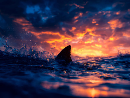 A lone dorsal fin slices through shimmering waves as the sun dips below the horizon, casting warm...
