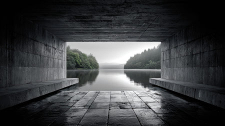 A peaceful waterway framed by a dark tunnel opening, with vibrant foliage on either side and a soft,...