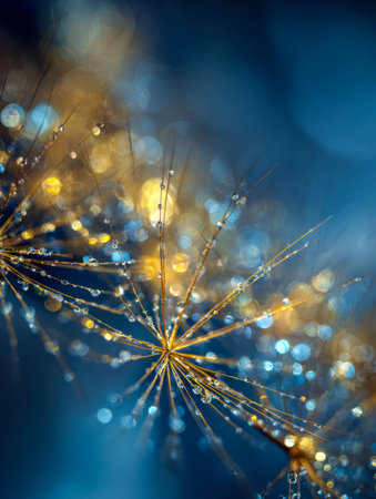 A fine, shimmering seed head captures tiny water droplets, set against a lively, colorful blur that...