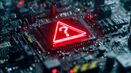 A glowing hazard icon with a question mark casts an eerie light on intricate circuit pathways...
