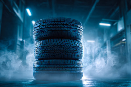 A trio of fresh tires forms a towering block amidst swirling haze, illuminated by intense blue hues...