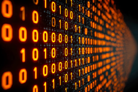 A futuristic display of glowing ones and zeros flowing across a dark background, symbolizing...