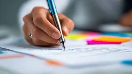 A focused hand gracefully charts ideas on paper, surrounded by vibrant sticky notes, with a softly...