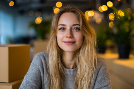 A bright-eyed woman with golden hair relaxes in a welcoming space, illuminated by gentle, amber glow, creating an intimate and inviting atmosphere.のeditorial素材