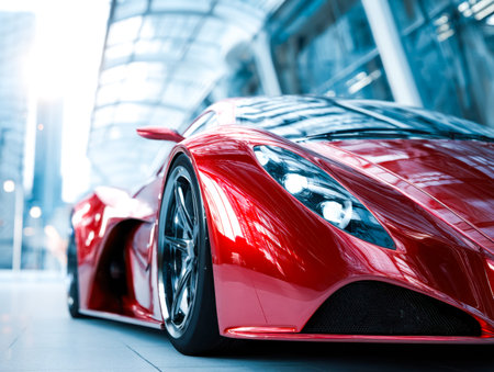 A vibrant crimson sports car shines under sleek lighting, showcasing sharp lines and aggressive...