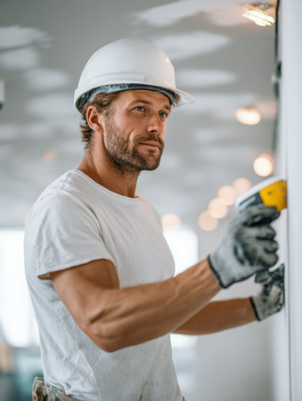 A professional male worker in protective gear conducts precise assessments with a portable instrument amid an active interior construction environment.のeditorial素材
