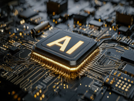 A sleek silicon component embedded within a dense network of illuminated circuitry, embodying...