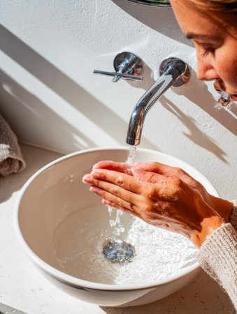 Close-up of a hand rinsing with water from a sleek, contemporary faucet above a bright white sink, capturing a moment of daily hygiene at home.のeditorial素材