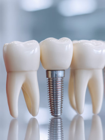A detailed dental demonstration featuring an implant core positioned between two authentic tooth...
