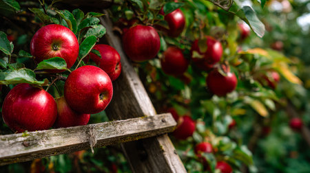 Ripened crimson apples dangle in clusters beneath vibrant leaves, creating a vivid tapestry of...