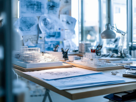 A vibrant studio filled with detailed scale models, drafting tools, and sketches, creating an...