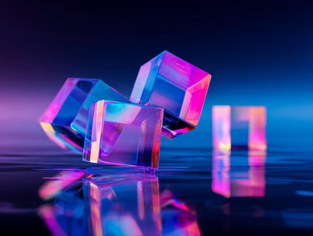 A dynamic digital composition featuring luminous glass cubes in an array of vivid hues, creating a...
