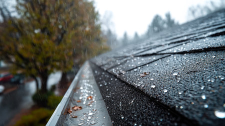 Tiny droplets cling to textured dark shingles, glistening in the light, capturing the calm aftermath...