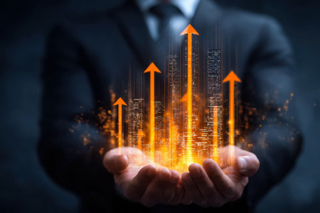 A confident professional displays a cutting-edge digital chart with rising trends and cityscape...