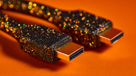Stylish black and gold digital video cords with a luminous finish stand out against a vibrant orange backdrop, emphasizing their sleek, contemporary look for seamless conの写真素材