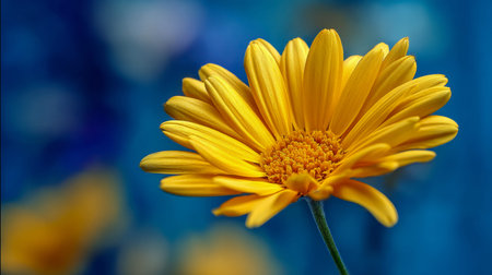 A lively yellow daisy showcases delicate, layered petals and a textured center, illuminated by...