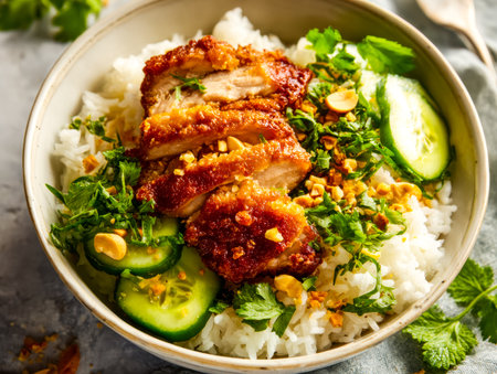 Juicy, golden-brown fried chicken rests atop fluffy rice, complemented by crisp cucumber slices and...