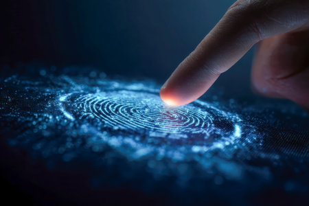 A close-up of a hand pressing a luminous blue digital fingerprint reader, highlighting advanced...