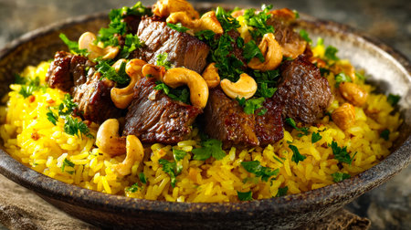 A hearty dish featuring tender beef simmered in savory broth, complemented by fragrant yellow rice...
