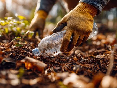 A volunteer in protective gloves bends to pick up discarded plastic, enhancing the environment amid...