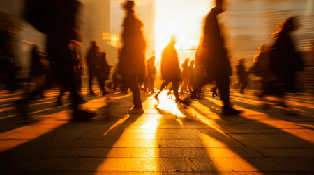 Pedestrians stride along a vibrant urban avenue illuminated by a soft, amber glow, casting elongated...