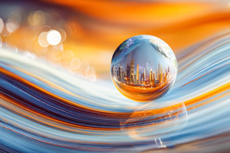 A cityscape's mirrored silhouette captures attention within a transparent orb, set against vibrant,...