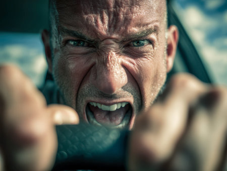 A man's tense expression reveals growing agitation as he tightly grips the steering wheel amid bright sunlight and scattered clouds outside, capturing a moment of roadsidのeditorial素材