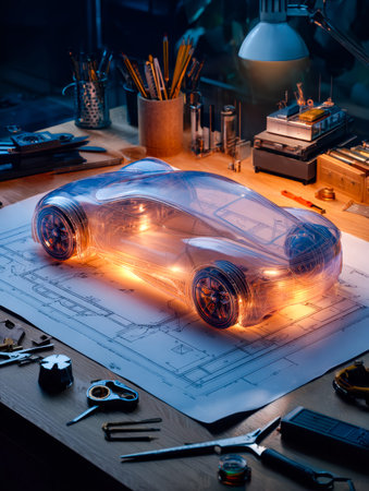 A sleek holographic prototype of an electric race car overlays detailed engineering plans in a...