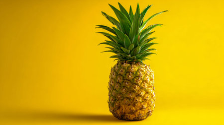 A ripe, uncut pineapple with lush green crown atop a bold yellow backdrop, evoking freshness,...