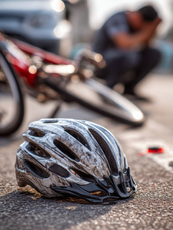 On a bright sunny day, a damaged helmet rests on the pavement amid chaos, with a blurred cyclist showing distress and a toppled bike in the scene's background.のeditorial素材