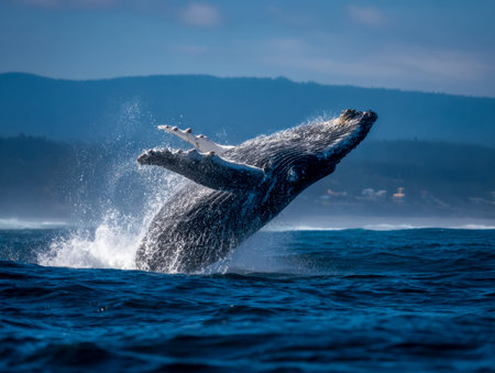 A majestic whale leaps from the waters, capturing wild nature's powerful and serene essence.
