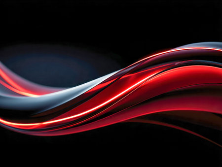 Energetic tendrils of crimson and icy silver intertwine in fluid motion, forming a futuristic wave...