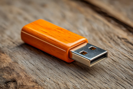 A sleek usb stick featuring a natural wood grain design rests on a textured, weathered wooden table,...