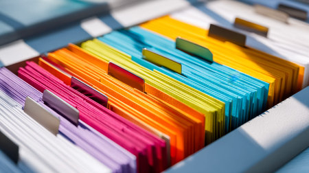 An array of vibrant folders neatly arranged in a drawer, creating a lively yet orderly workspace...