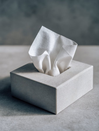 A gentle stream of white fabric extends from a fabric-textured box, placed on a sleek concrete...