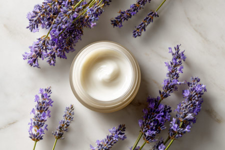 A sophisticated, velvety skincare container nestled among fragrant lavender blooms, resting on a...
