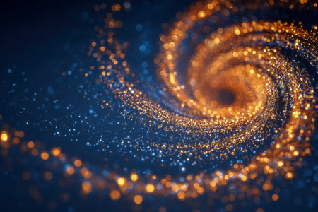 Vibrant luminous fragments spiral outward, blending rich gold and deep blue tones to evoke an...
