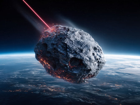 A massive space rock is struck by a piercing laser beam, illuminating its rough terrain as Earth...