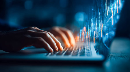 Focused hands work swiftly on a laptop keyboard amid glowing digital graphs and dynamic code...